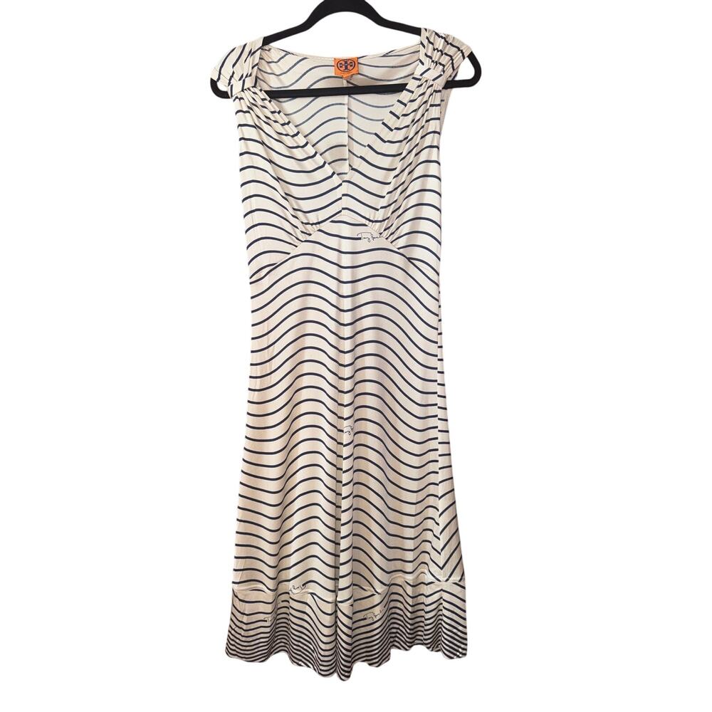 Tory Burch 100% Silk Cream Navy Stripe Signature Dress Small